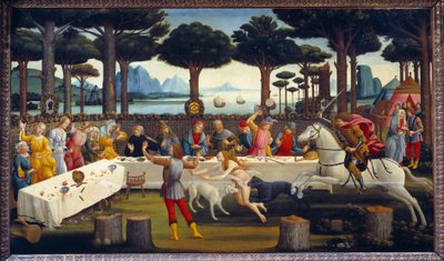 Verhaal van Nastagio degli Onesti: Banket in het dennenbos, derde paneel in een serie van vier door Sandro Botticelli