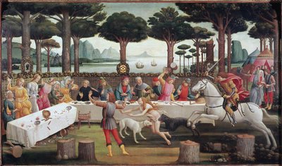 Het banket in het bos: Scene III van Het verhaal van Nastagio degli Onesti door Sandro Botticelli