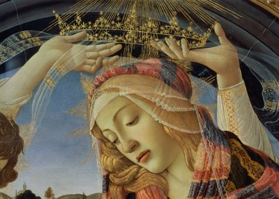 De Madonna van de Magnificat, detail van het gezicht en de kroon van de Maagd door Sandro Botticelli