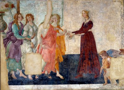 Venus en de Gratiën die geschenken aanbieden aan een jong meisje door Sandro Botticelli