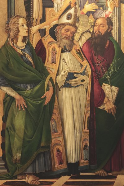 Altaarstuk, hoofdpaneel: tronende Madonna, vier engelen en heiligen door Sandro Botticelli