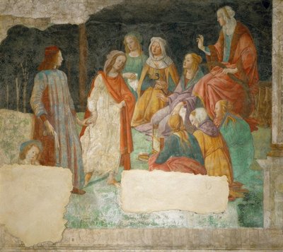 Een jongeman (Lorenzo Tornabuoni?) wordt door Minerva in de door Sandro Botticelli
