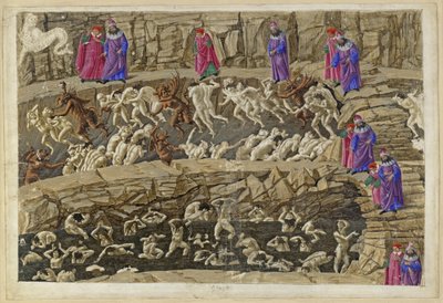 La Divina Commedia, Inferno XVIII. Vergilius en Dante in de achtste cirkel van de hel (Malebolge), 1e en 2e bolgia: de straf voor koppelaars en verleiders, vleiers en hoeren door Sandro Botticelli