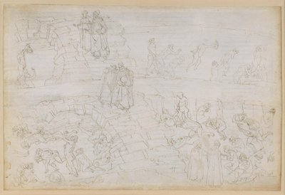 La Divina Commedia, Inferno XXIX. Vergilius en Dante in de achtste cirkel van de hel (Malebolge), 10e bolgia: de bestraffing van valsemunters en alchemisten door Sandro Botticelli