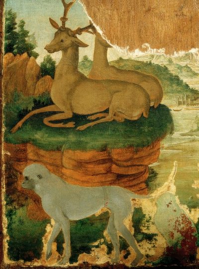 Landschap met reeën en apen door Sandro Botticelli
