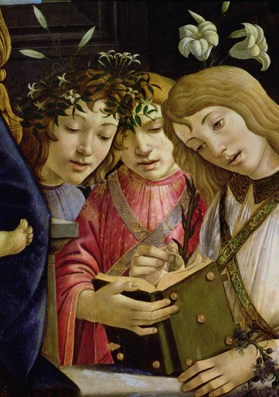 Madonna en kind met de jonge St. Johannes de Doper en engelen (detail) door Sandro Botticelli