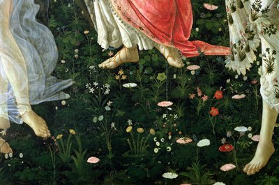 Primavera: detail van bloemen door Sandro Botticelli