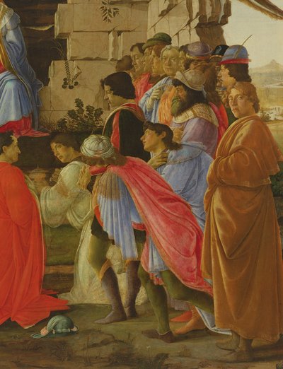 De Aanbidding der Wijzen, detail van zelfportret en die van de Medici-familie door Sandro Botticelli