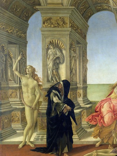 De Smaad van Apelles; detail van de naakte figuur van Waarheid die naar de hemel wijst en Boetvaardigheid in een gescheurde Dominicaanse pij, 1497-98 (detail) door Sandro Botticelli