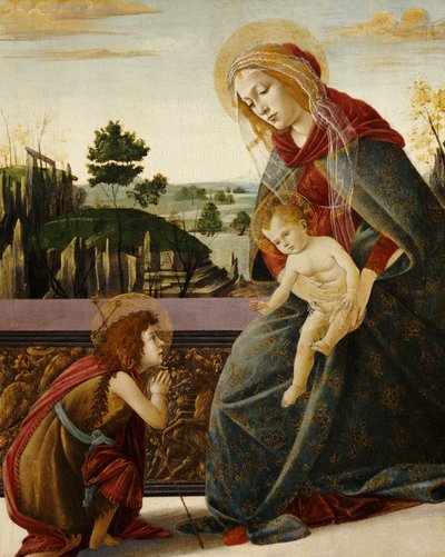 De Madonna en Kind met de jonge Sint Johannes de Doper in een landschap door Sandro Botticelli