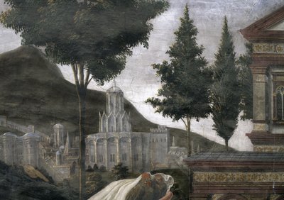 De Reiniging van de Melaatse en de Verzoeking van Christus, in de Sixtijnse Kapel: detail van een denkbeeldige stad in een landschap, 1481 (detail) door Sandro Botticelli