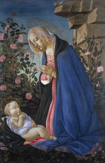 De Maagd die het slapende Christuskind aanbidt door Sandro Botticelli