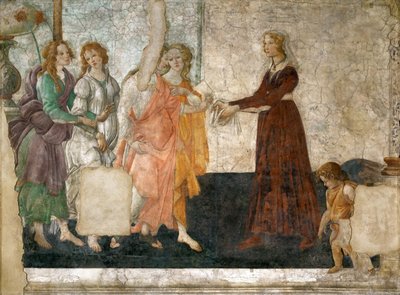 Venus en de drie Gratiën die geschenken aanbieden aan een jong meisje, 1484-1486 door Sandro Botticelli