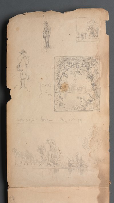 Schetsboek, pagina 01: Zelfportretten met vignetten door Sanford Robinson Gifford