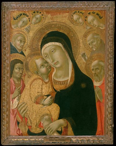 Madonna en Kind met Heiligen Johannes de Doper, Hiëronymus, Peter Martyr door Sano di Pietro
