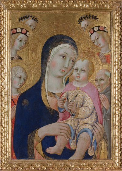 Madonna met kind, heiligen Apollonia en Bernardino en vier engelen, ca. 1460 door Sano di Pietro