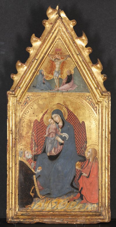 Maagd en kind aanbeden door heiligen Maria Magdalena en Nicolaas van Bari, Christus gekruisigd door Sano di Pietro