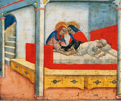 Heiligen Cosmas en Damian bevestigen Ethiopische been aan koster (wonder van Ethiopisch been), scène uit predella van Madonna en Kind met engelen en heiligen door Sano di also Ansano di Pietro di Mencio Pietro