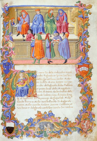 Tribunale della Mercanzia (Tribunaal van Koopwaar), miniatuur uit Statuten van de Kooplieden nr. 6 door Sano di Pietro door Sano di also Ansano di Pietro di Mencio Pietro