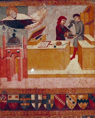 De camerlinguist wast symbolisch zijn handen terwijl de welwillende en beschermende Maagd over de stad Siena vliegt (detail). Houtschilderij door Sano di Pietro (1406-1481) decoratie van een Biccherna (omslag van het boekhoudregister van de stad Siena) 145 door Sano di also Ansano di Pietro di Mencio Pietro