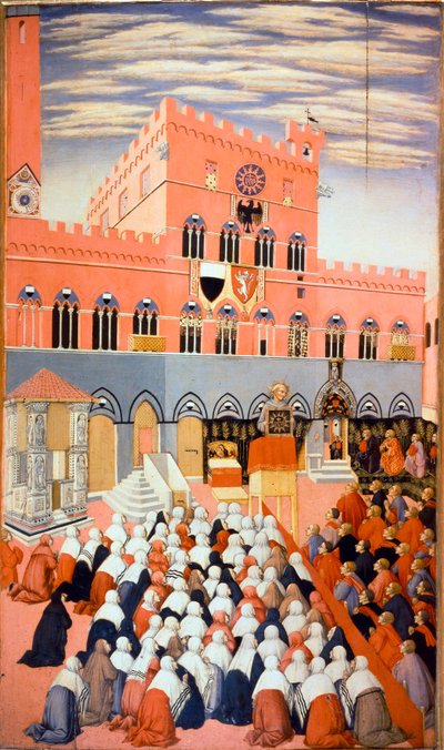 De prediking van Bernardino van Siena door Sano di also Ansano di Pietro di Mencio Pietro