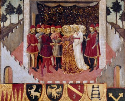 Huwelijksceremonie van een adellijk paar uit de stad Siena. Schilderij door Sano di Pietro (1406-1481) decoratie van een Biccherna (omslag van het boekhoudregister van de stad Siena) 1473. Siena Archivio di Stato, Italië door Sano di also Ansano di Pietro di Mencio Pietro