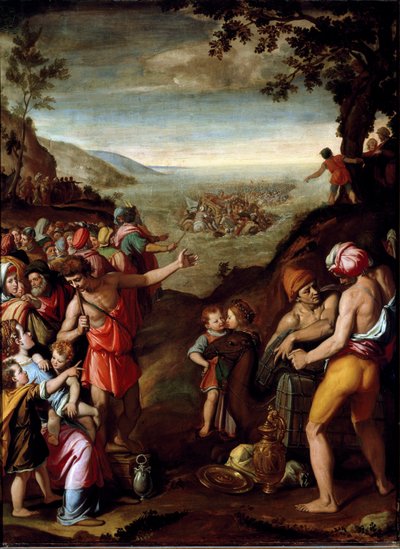 De doortocht door de Rode Zee. Het Hebreeuwse volk, op de vlucht uit Egypte, steekt de Rode Zee over, geleid door Mozes. Schilderij door Santi di Tito (1536-1603) Florence, Kabinet van Francois I, Palazzo Vecchio door Santi di Tito