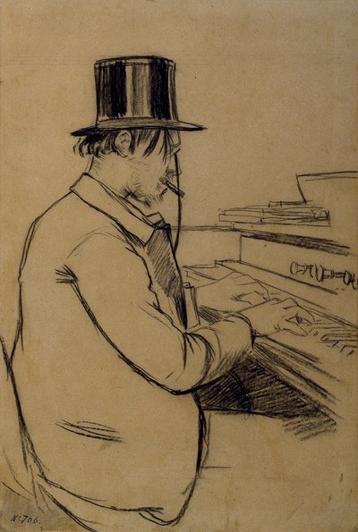 Portret van Erik Satie die het Harmonium Bespeelt door Santiago Rusiñol