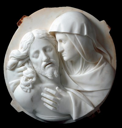 Pieta Marmeren beeldhouwwerk door Santo Varni (1807-1885) 1863-1870. Dim. 56x52x12 cm Uit de collectie van Prins Odon di Savoia. Genua, Galleria d