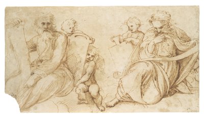 Twee profeten met rollen zittend met putti die tabletten vasthouden door Sanzio of Urbino Raphael