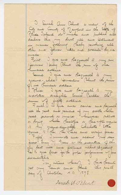 Testament van Sarah Ann Blunt Crozley, oktober 1898 door Sarah Ann Blunt Crozley