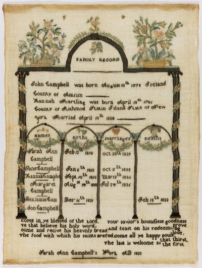 Familie register merklap door Sarah Ann Campbell