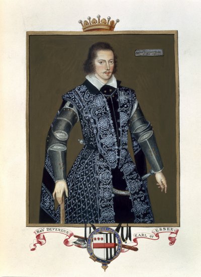 Portret van Robert Devereux, 2e Graaf van Essex, uit Herinneringen aan het hof van koningin Elizabeth, naar het olieverfschilderij van Sir William Segar, gepubliceerd in 1825 door Sarah Countess of Essex