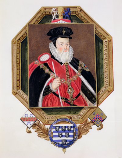 Portret van William Cecil, 1e Baron Burghley, uit Herinneringen aan het hof van koningin Elizabeth, naar een schilderij van Marcus Gheeraerts de Jongere, gepubliceerd in 1825 door Sarah Countess of Essex