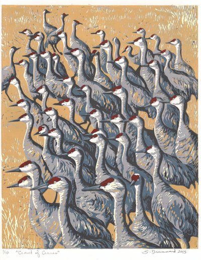 Kraanvogels, 2015 (Linosnede) door Sarah Drummond