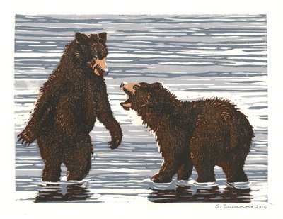 Salmon Stream Frolics, 2016 (Linosnede) door Sarah Drummond