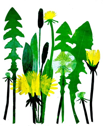 Paardenbloemen, 2024 (olieverf op board) door Sarah Thompson Engels