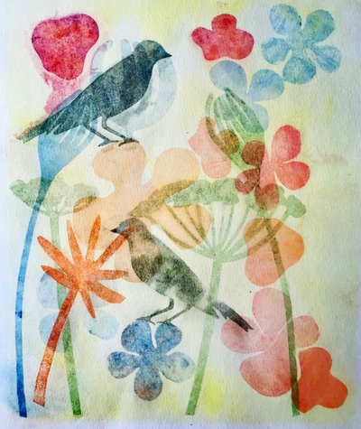 Twee vogels en bloemen door Sarah Thompson Engels