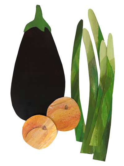 Asperges, abrikozen, aubergine door Sarah Thompson Engels