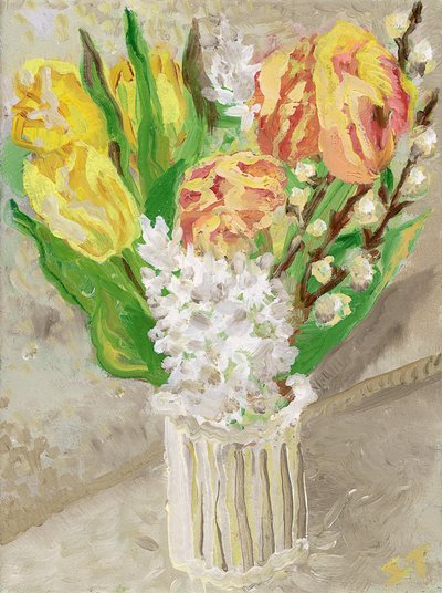 Tulp en hyacint, ca. 2023 (olieverf op doek) door Sarah Tudor