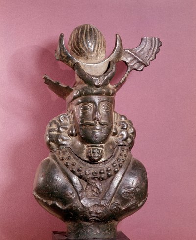 Borstbeeld van een Sassanidische koning in brons, hij draagt de koninklijke outfit, waarvan het kapsel met de bol ondersteund door maansikkels. 6e-7e eeuw. E. Borowski Collectie door Sasanian School