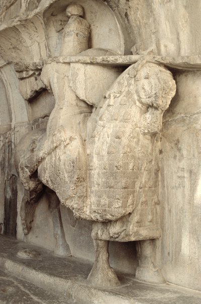 Gravure van Khosrow Parviz op zijn paard Shabdiz met de uitrusting van een zwaarbewapende ridder door Sasanian School