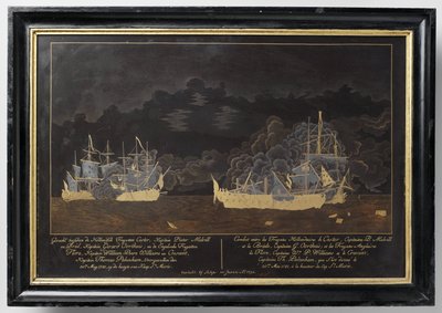 Gevecht tussen de Hollandse Fregatten Castor, Kapitein Pieter Melvill en Briel, Kapitein Gerard Oorthuis en de Engelse Fregatten door Sasaya