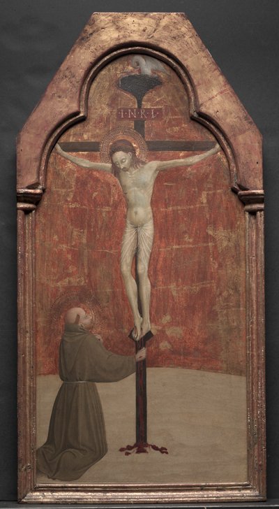 St. Franciscus knielt voor Christus aan het kruis door Sassetta