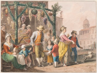 Aquarel; Een fruitkraam in Napels met Kerstmis door Saverio della Gatta