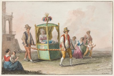 Aquarel; Een vroedvrouw met een baby op weg naar de kerk voor de doop door Saverio della Gatta