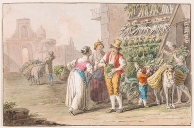 Aquarel; Een groentekraam door Saverio della Gatta