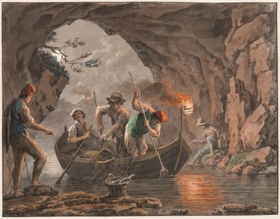 Aquarel; Nachtvissen bij de ingang van een grot door Saverio della Gatta