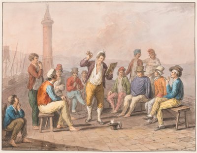 Aquarel; Rinaldo Rinaldini draagt voor op de pier door Saverio della Gatta