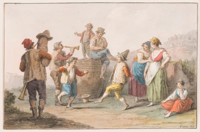 Twee boeren dansen op de muziek van doedelzak en hoorn door Saverio della Gatta